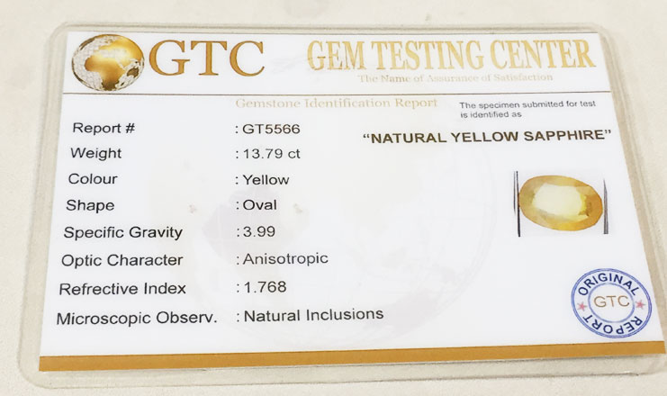 13.79 ct/15.25 ratti Natural Certified Bangkok Pukhraj/Yellow Sapphire